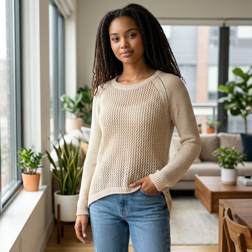 Forever 21 Contemporary Sweater S Beige Open Knit High Low Raglan Traditional